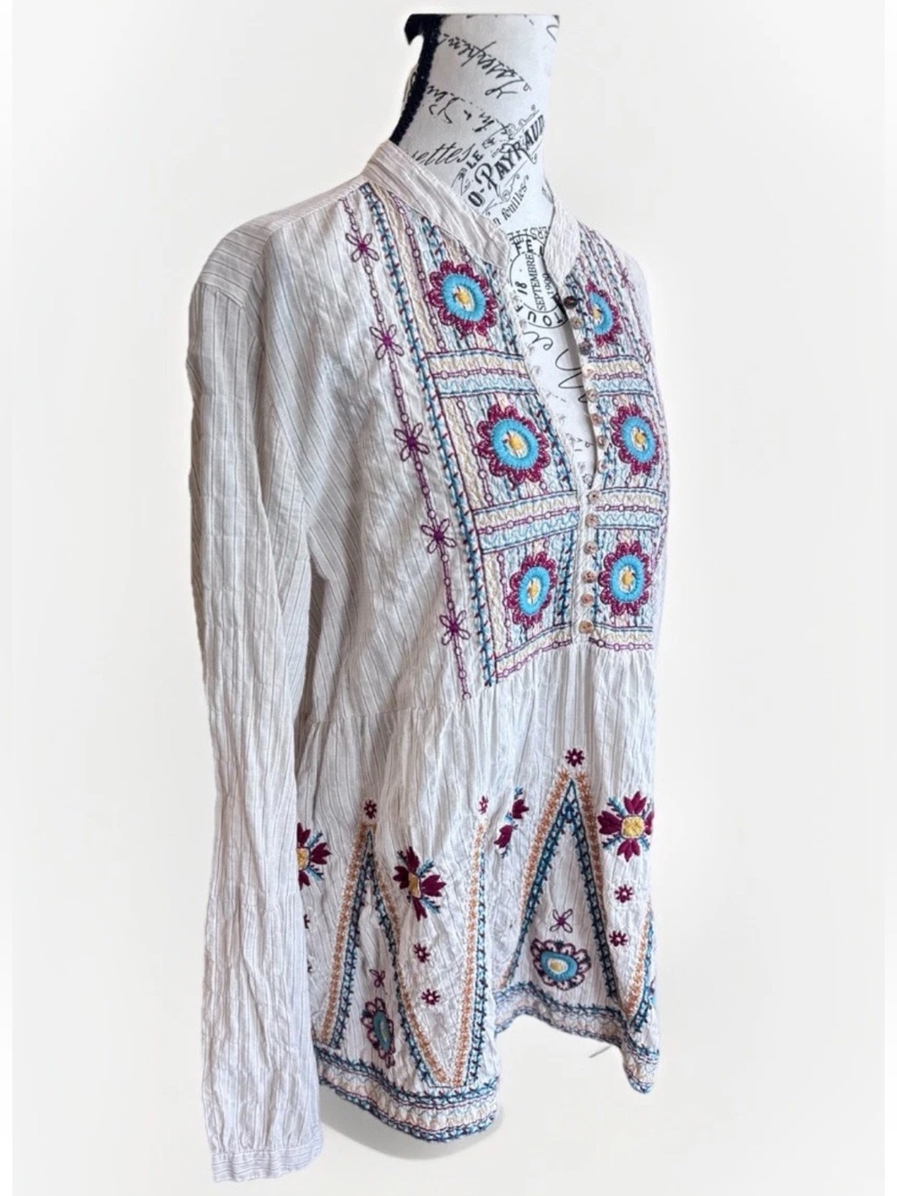 Johnny Was 3J Workshop embroidered striped floral boho prairie button down top M - Picture 3 of 12